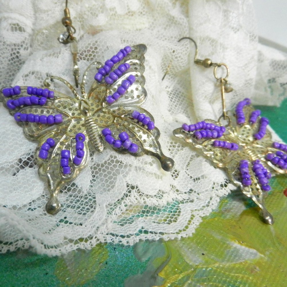 Amethyst silver butterfly clip earrings filigree silver tone lilac purple beaded
